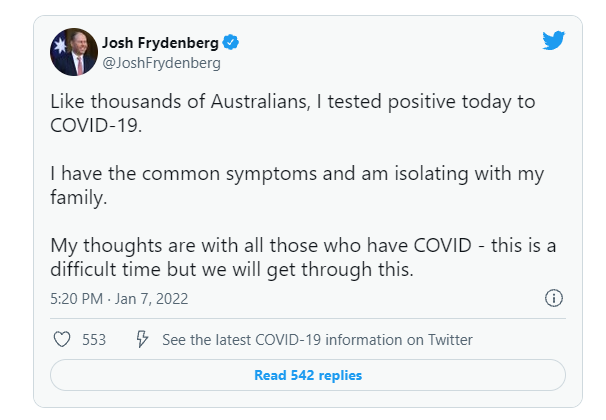 澳洲财相Josh Frydenberg与妻子感染新冠病毒!