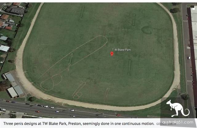 Who drew seven huge penis on the big lawn in the northeast of Melbourne?