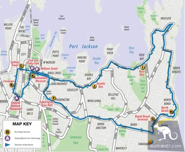 Sydney Double Sightseeing Bus (Downtown + Bondi Beach) route, full tour and ticket purchase.