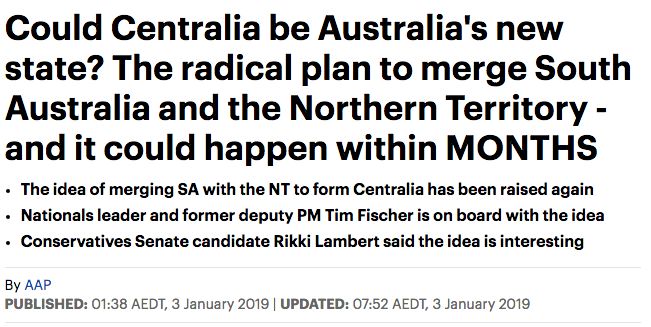 Big! South Australia and Northern Territory will be merged in a few months?! Change your name to Centralia?. The Turks and Australians have never stopped splitting up Australia.