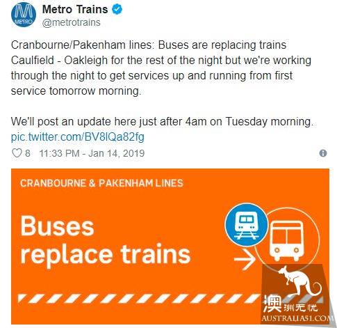 The train line of Melbourne Monash University is broken, and tens of thousands of people have been stuck all night.