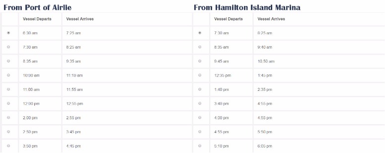 Schedule of (Airlie Beach) round trip to and from (Hamilton Island) pier, Hamilton island, Elley beach