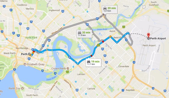 How many airports do Perth have? How far is it to downtown? Perth airport shuttle traffic introduction