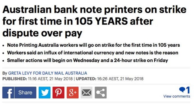 Australian bank printing workers strike for the first time in 105 years!