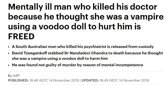 Adelaide mental patient killed a doctor but was acquitted, and during his release he was arrested for taking drugs many times.